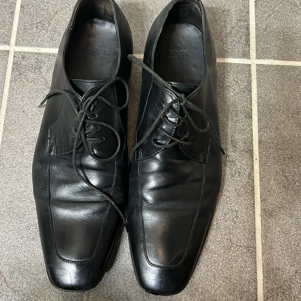 Hugo Boss Men's Embossed Logo Black Leather Lace Up Oxford Shoes Size 11